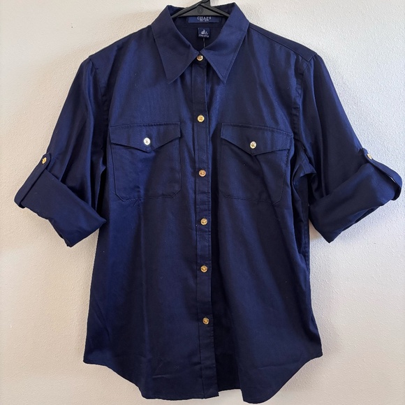 NWT Chaps Women's Navy SZ S Button Down Roll Tab Sleeve Shirt Top Blouse - Picture 1 of 10